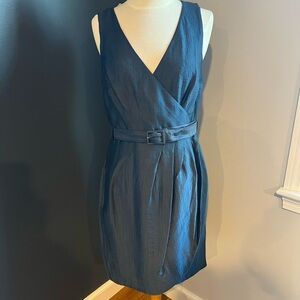 NWT H&M Slate Blue Wrap Style Dress Belted Sleeveless V-Neck Textured Fabric